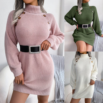 Long Sweater Dress With Button Design / Long Sleeve